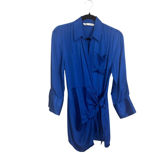 Zara Satin Effect Wrap Dress Cobalt Blue XS Deep Winter Color - Picture 2 of 10
